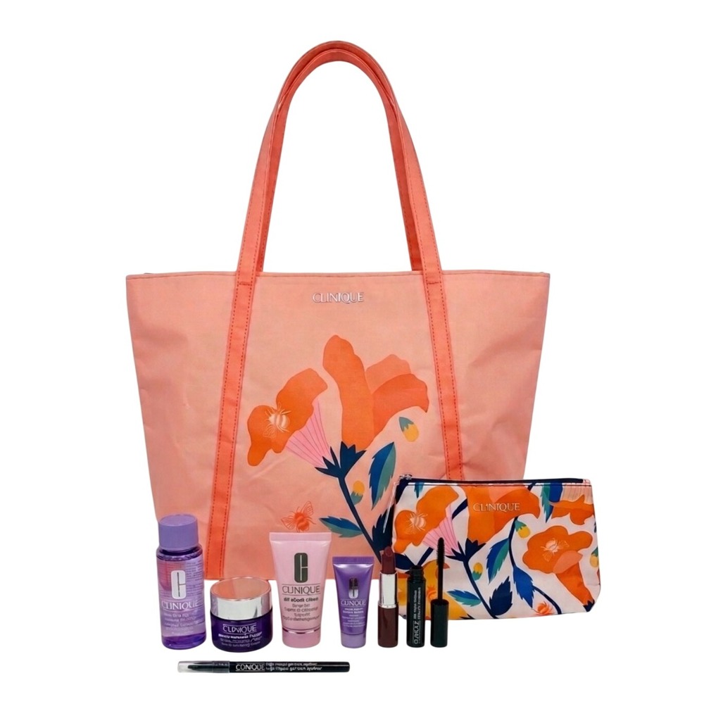 Clinique 9 Pc Set Large Floral Beach Tote Cosmetic Pouch Black Honey Mascara NEW